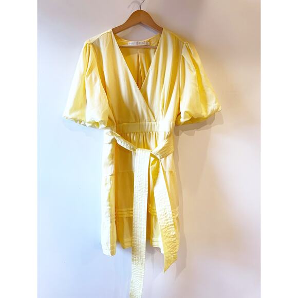 Marie Oliver Silk Cotton Butter Yellow Tie Waist V-Neck Side Zip Short Dress 10 - Picture 3 of 11